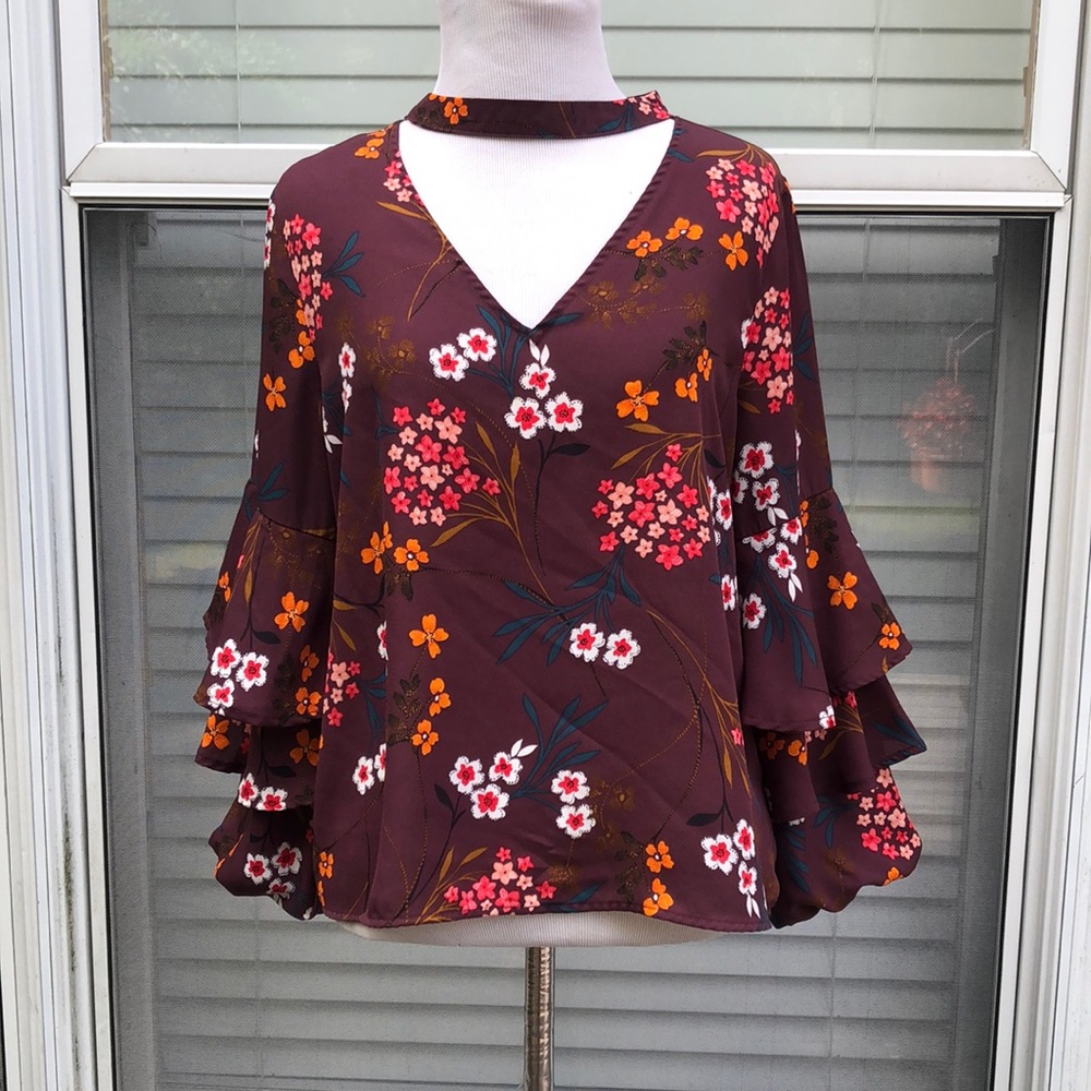 Lipslide Purple Floral Choker Bell Sleeve Top sz M